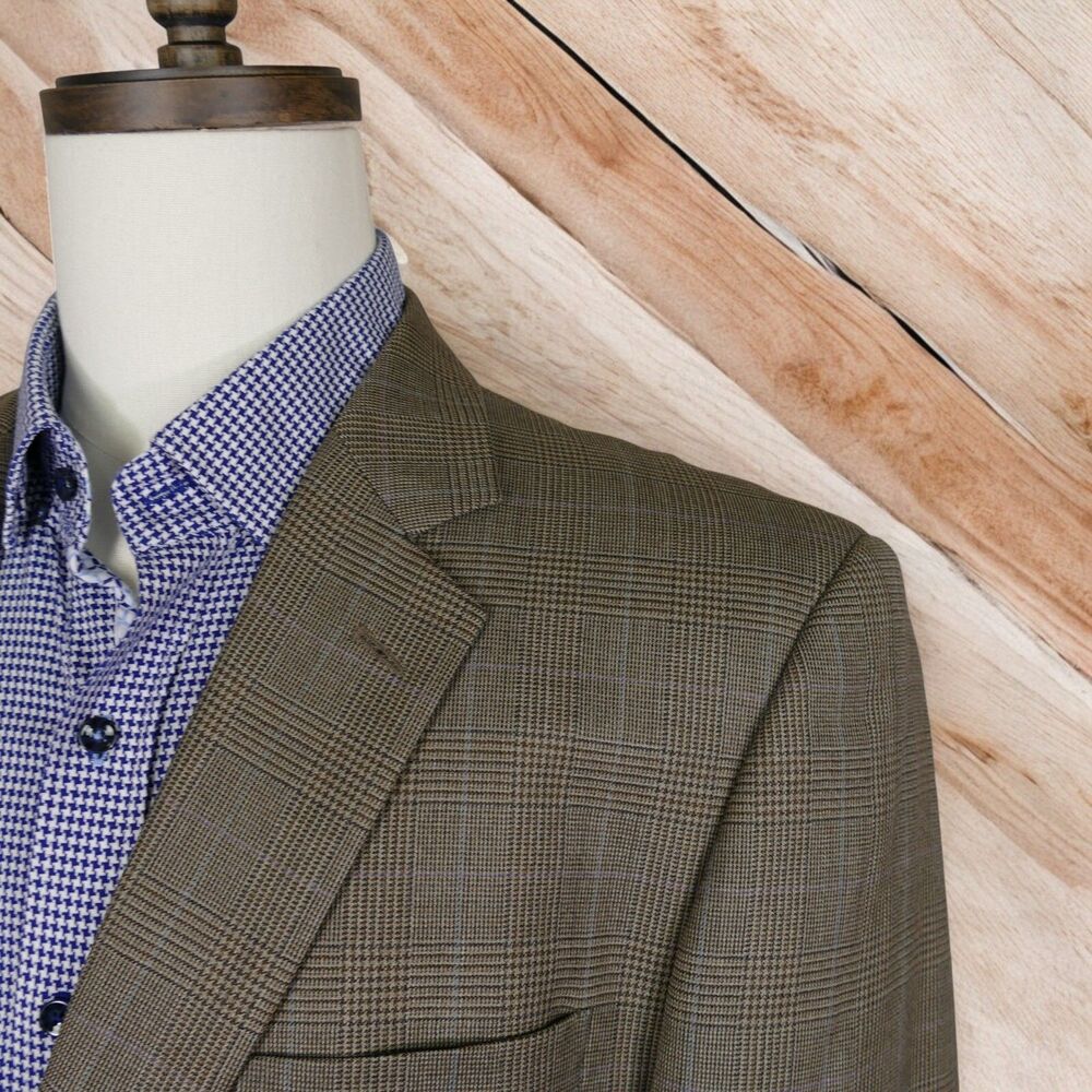 Joseph & Feiss Gold Sport Coat Blazer Mens 44L Brown Blue Glen Plaid 2 Button